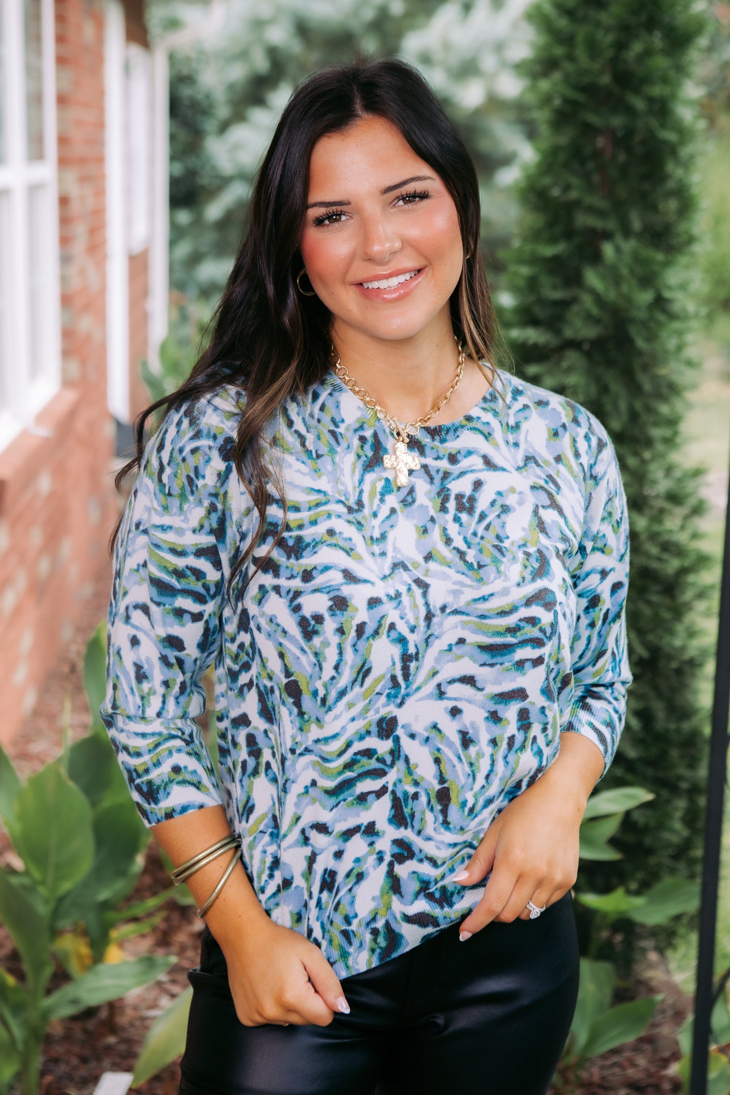 Tribal | Soft Yarn Three-Quarter Sleeve Crewneck Sweater