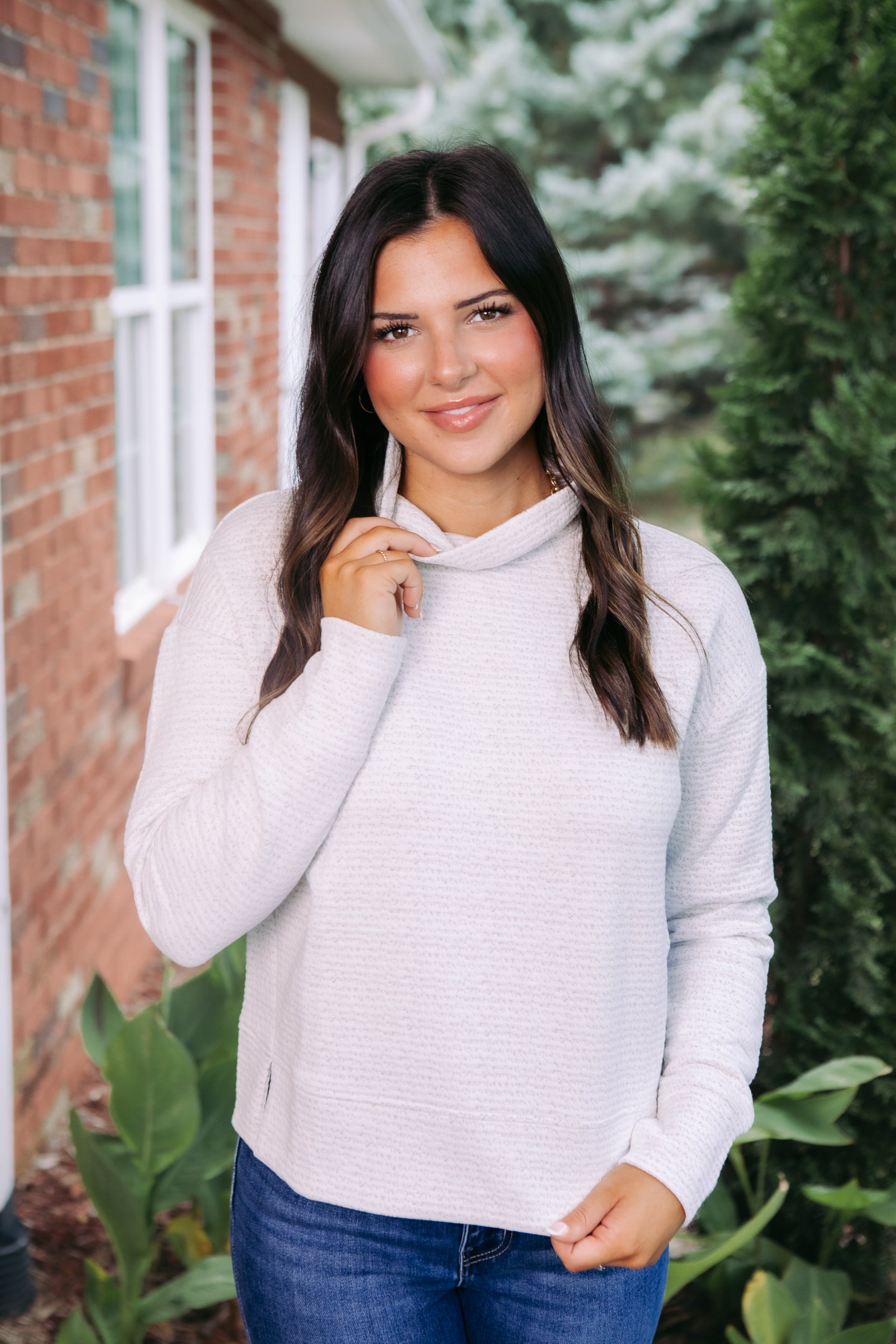 Tribal | Puckered Knit Drop Shoulder Funnel Neck Top