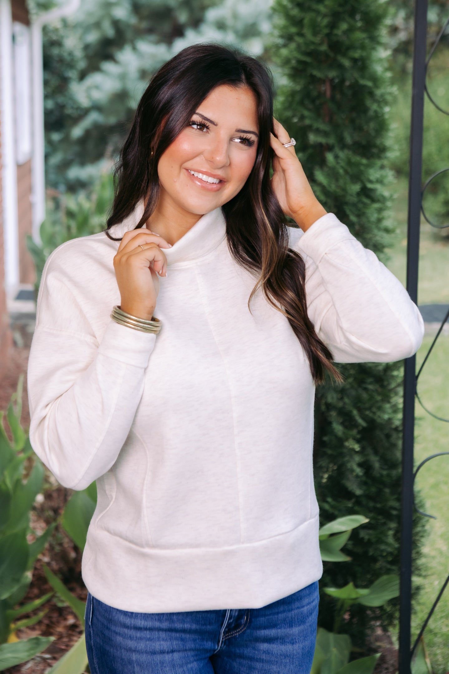 Tribal | Techno Lux Drop Shoulder Funnel Neck Knit Top