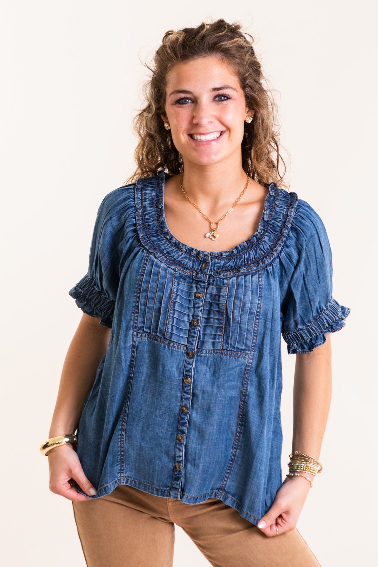 Ivy Jane | Denim Ruffled Neck Top