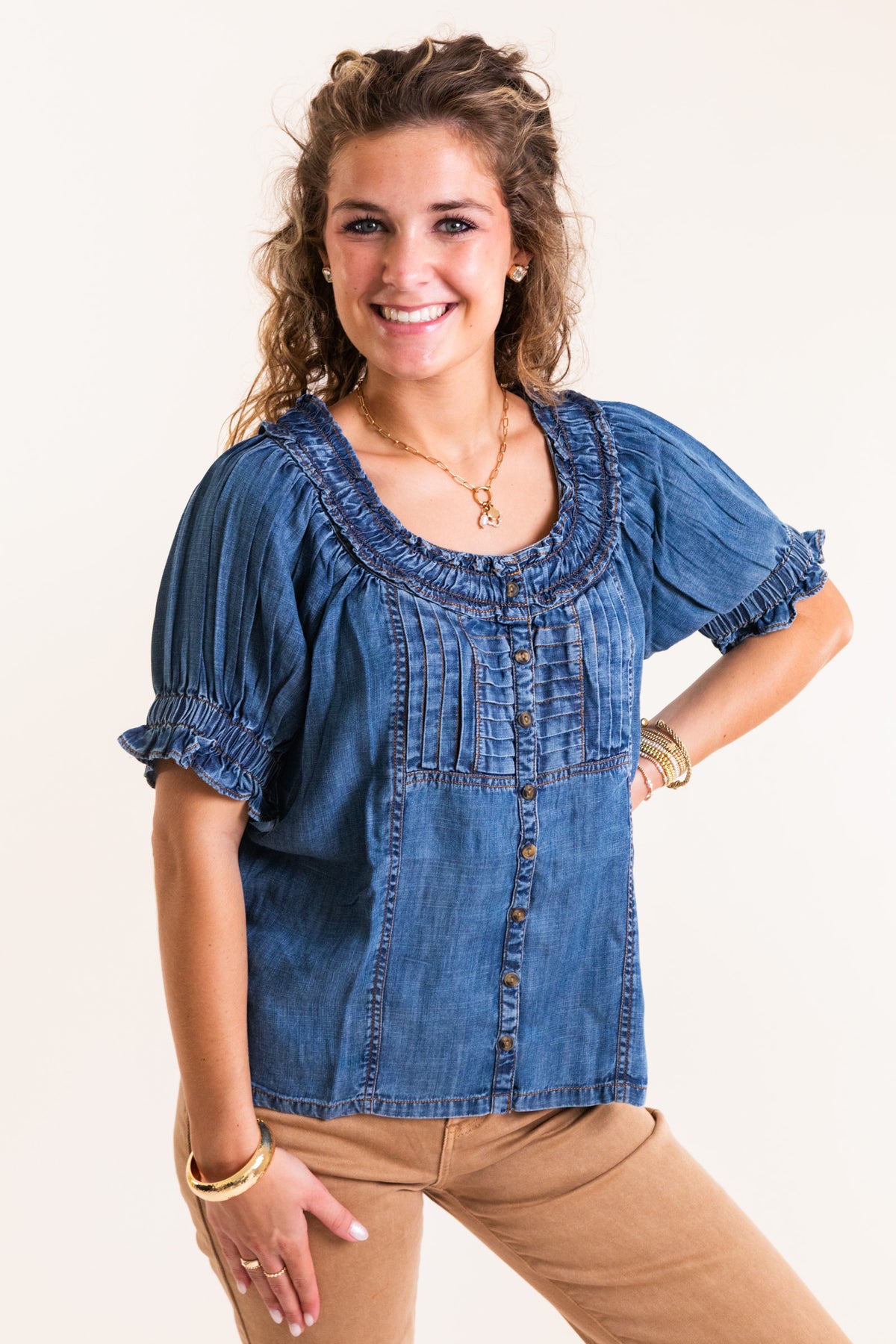 Ivy Jane | Denim Ruffled Neck Top