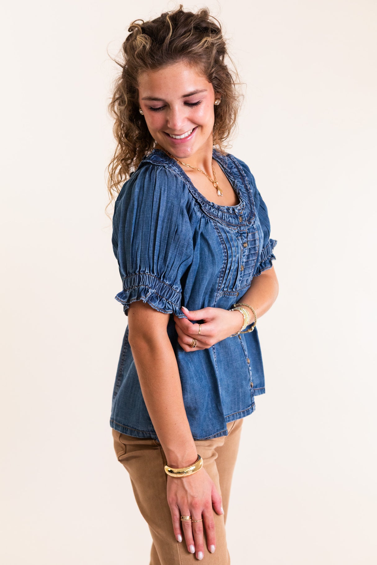 Ivy Jane | Denim Ruffled Neck Top