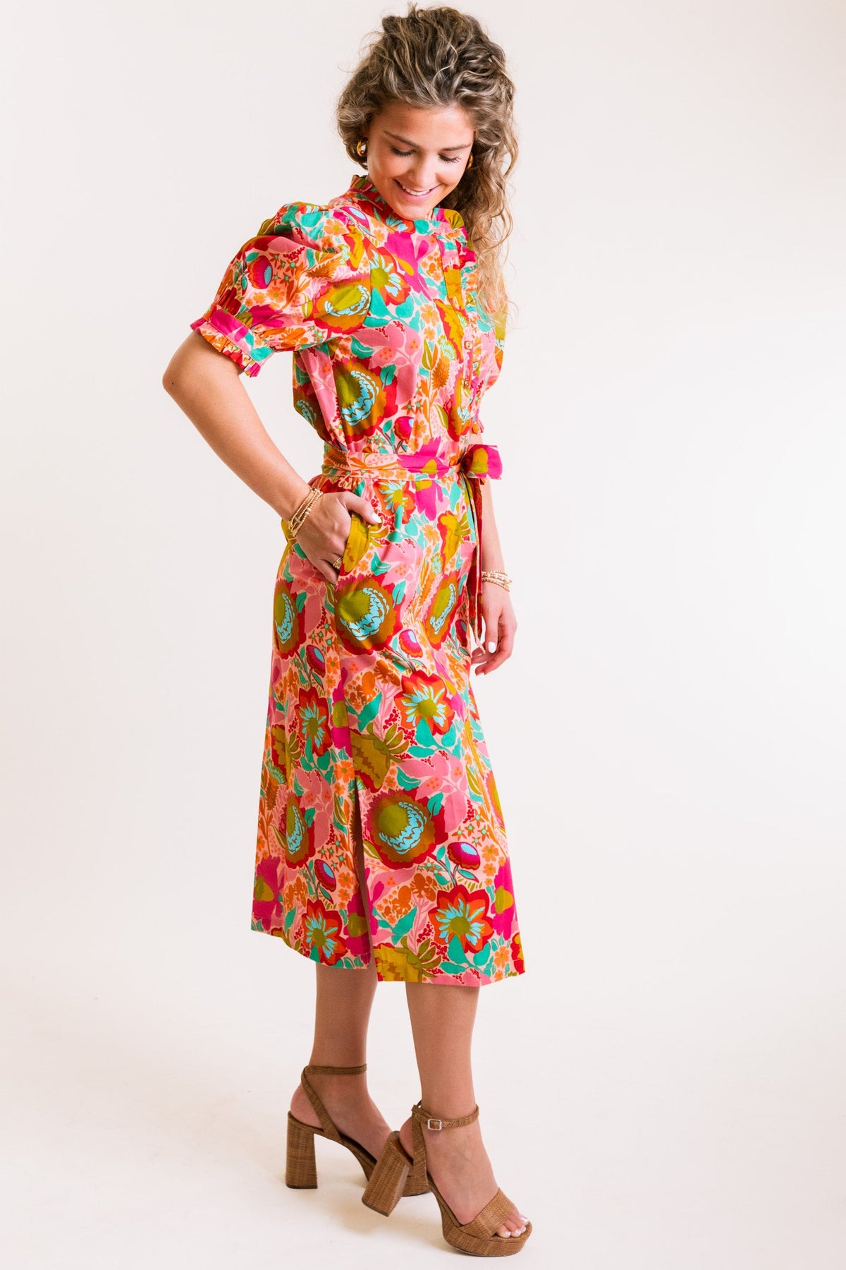 Ivy Jane | Bouquet Midi Shirt Dress in Coral
