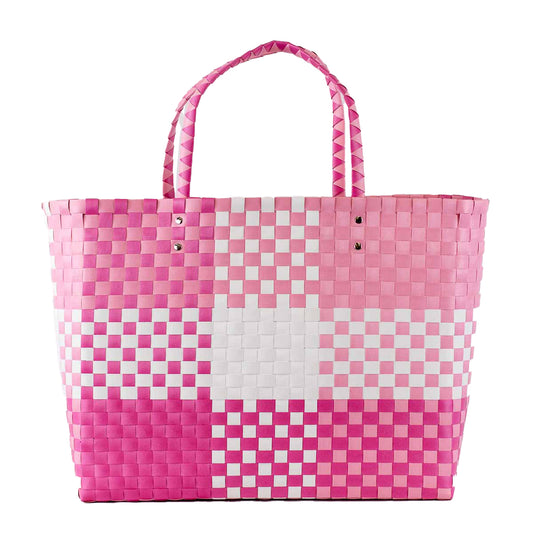 Heather Woven Beach Tote in White and Pink