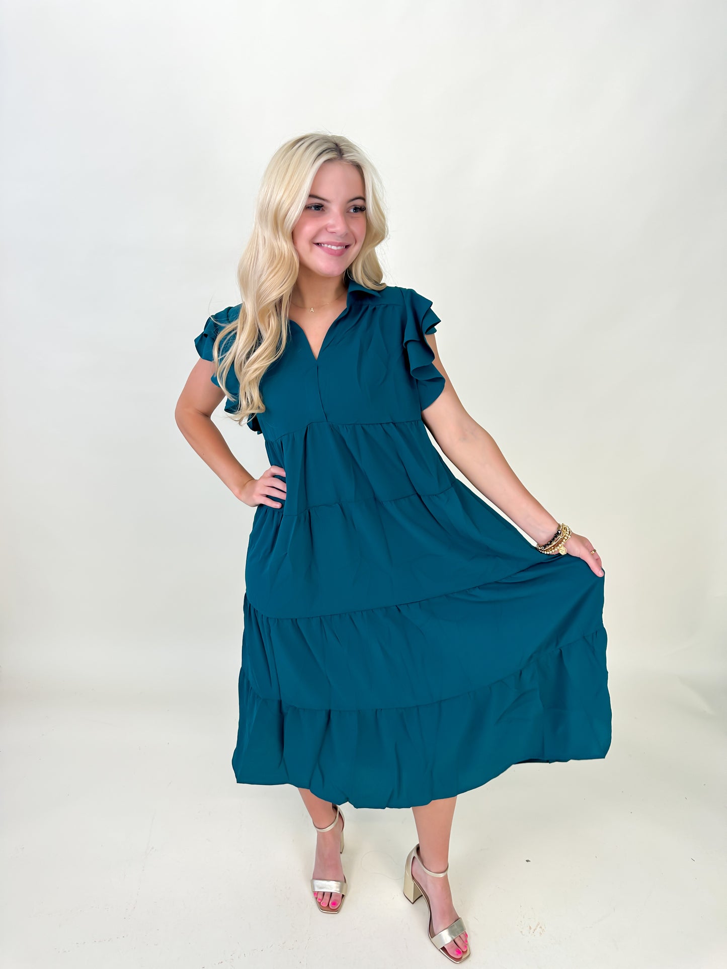 Collar Split Neck Short Ruffle Sleeves Tiered Midi Dress