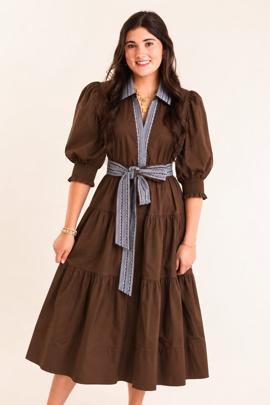 Mary Square | Eleanor Aven Vines Embroidery Dress - Brown