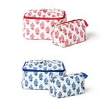 Petal Party Hand Block Printed Cotton Quilted Soft Cosmetic Case and Pouch Set