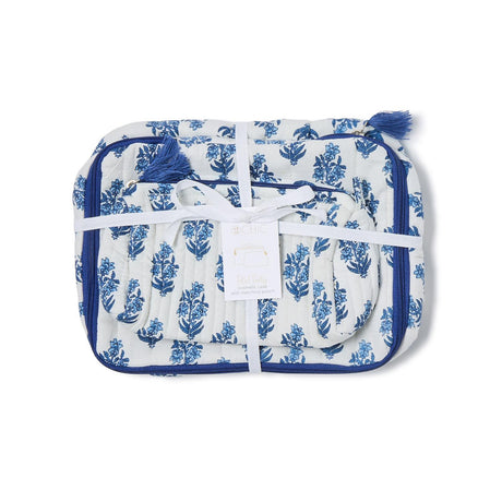 Petal Party Hand Block Printed Cotton Quilted Soft Cosmetic Case and Pouch Set
