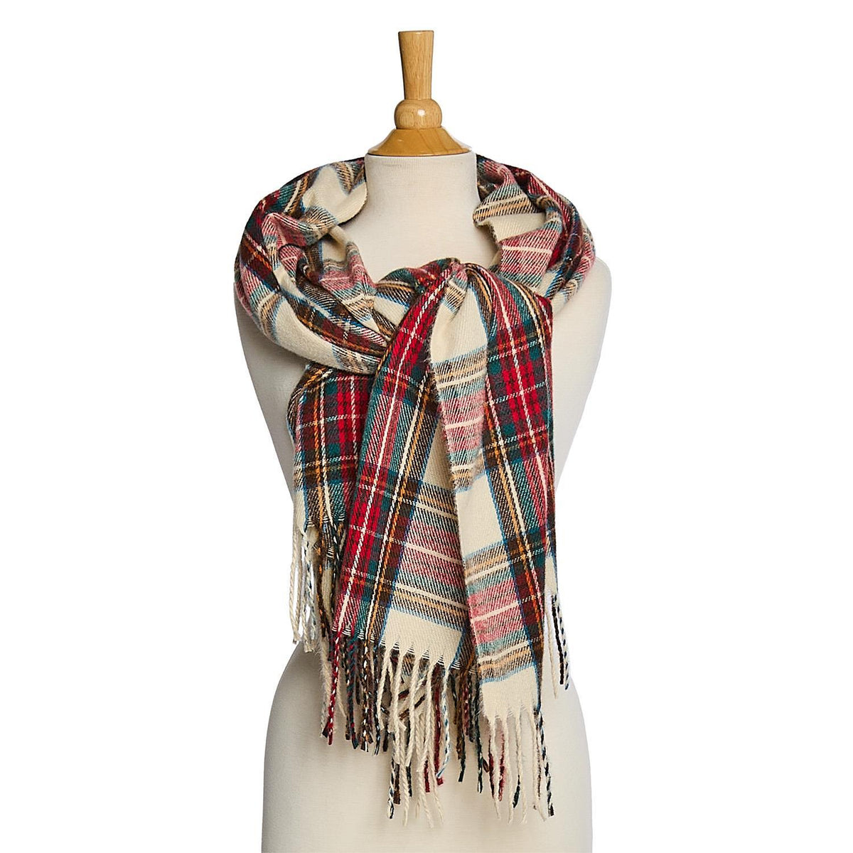 Two's Company | Winter White Tartan Scarf with Fringe Trim