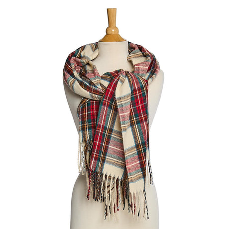 Two's Company | Winter White Tartan Scarf with Fringe Trim