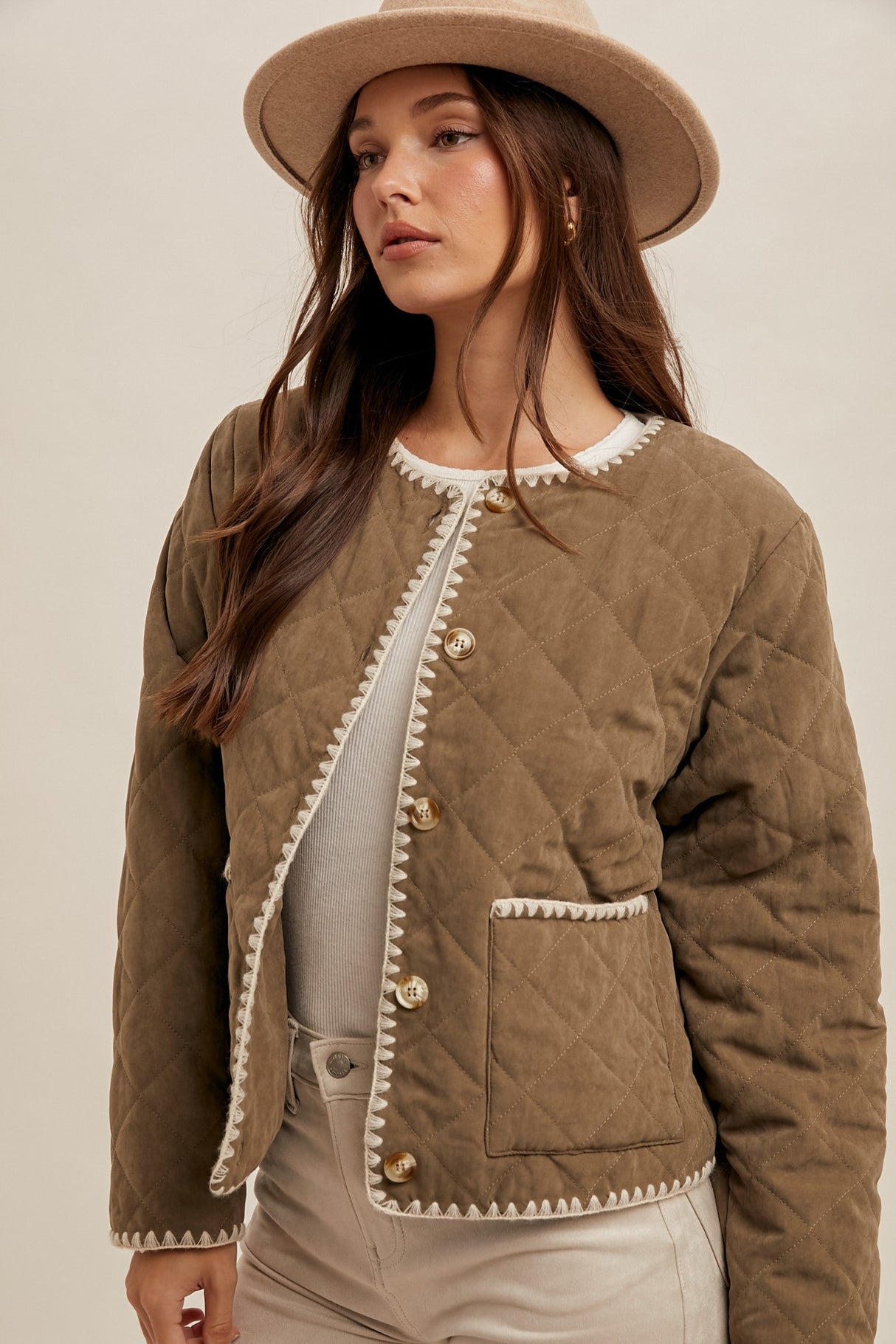 Olive Quilted Jacket with Contrast Trim