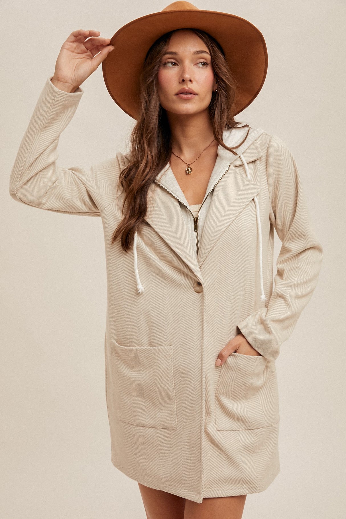 Herringbone Layered Hoodie Coat