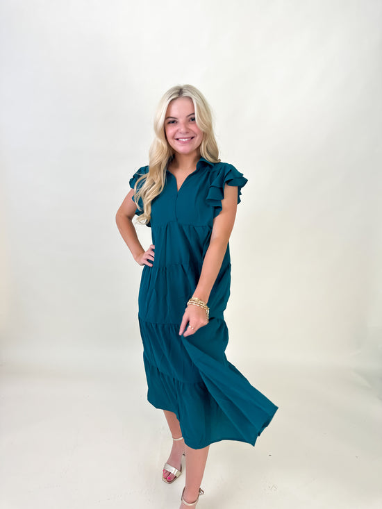 Collar Split Neck Short Ruffle Sleeves Tiered Midi Dress