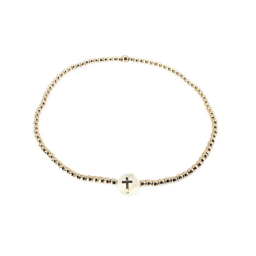 Erin Gray | 2mm Gold Filled Cross Mother of Pearl Charm Waterproof Bracelet