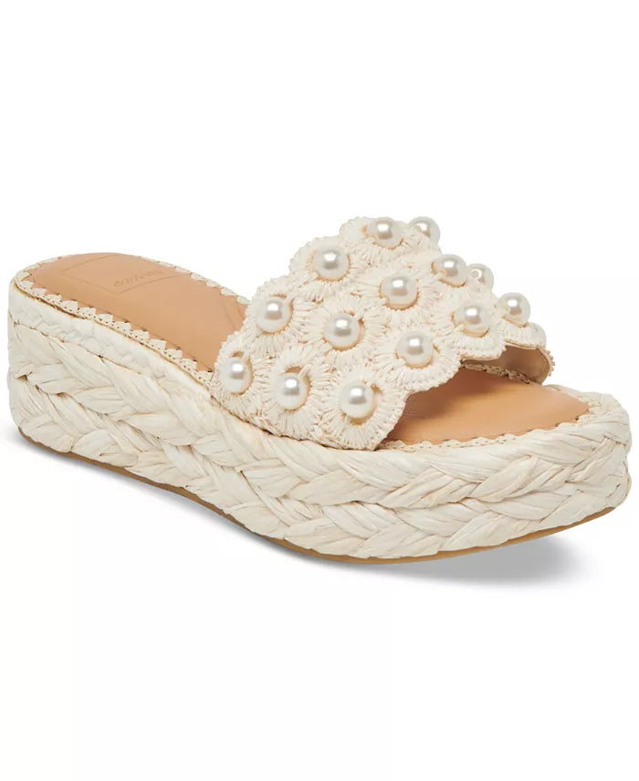 Dolce Vita | Caper Pearl Embellished Raffia Platform Slide Sandals