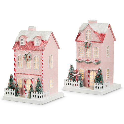 12" Lighted Pink Paper House