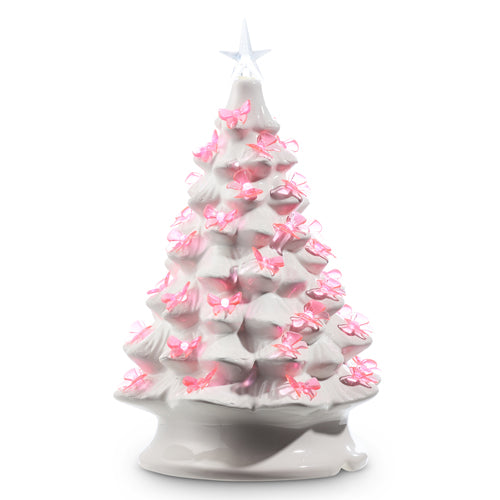 13.5" Vintage White And Bow Lighted Tree