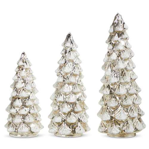 12" Snowy Silver Mercury Glass Lighted Trees
