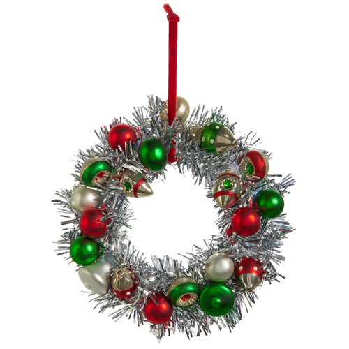 8" Silver Tinsel Ball Wreath Ornament