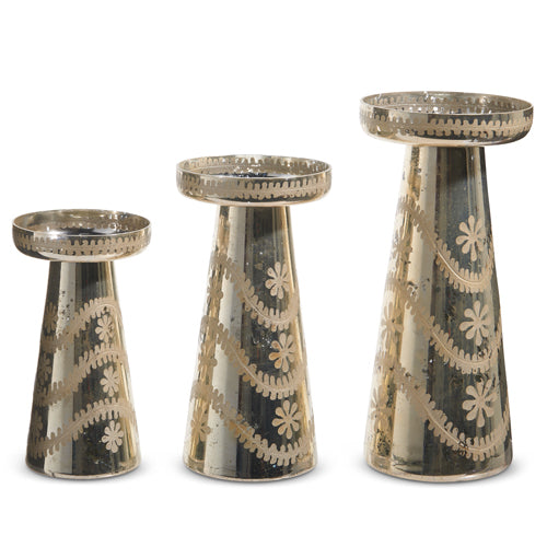 12" Etched Silver Mercury Glass Candle Holders