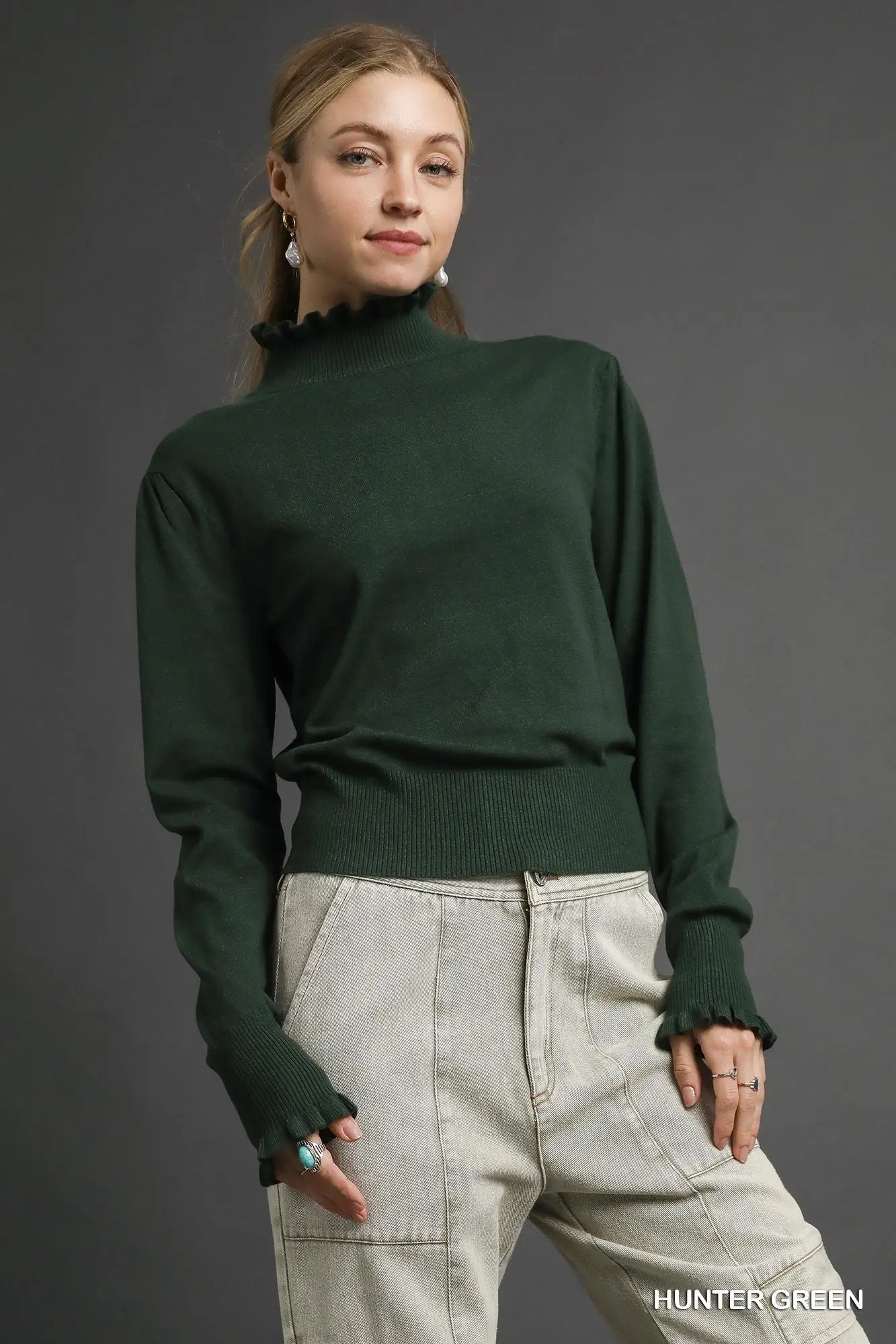 Ruffle Trim Mock Neck Sweater