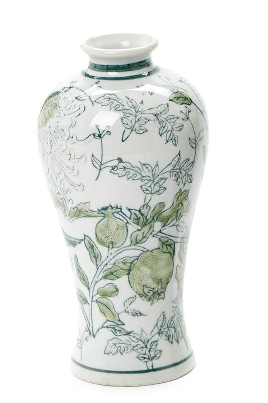 Two's Company | Primrose and Lotus Hand-Painted Green and White Chinoiserie Vases