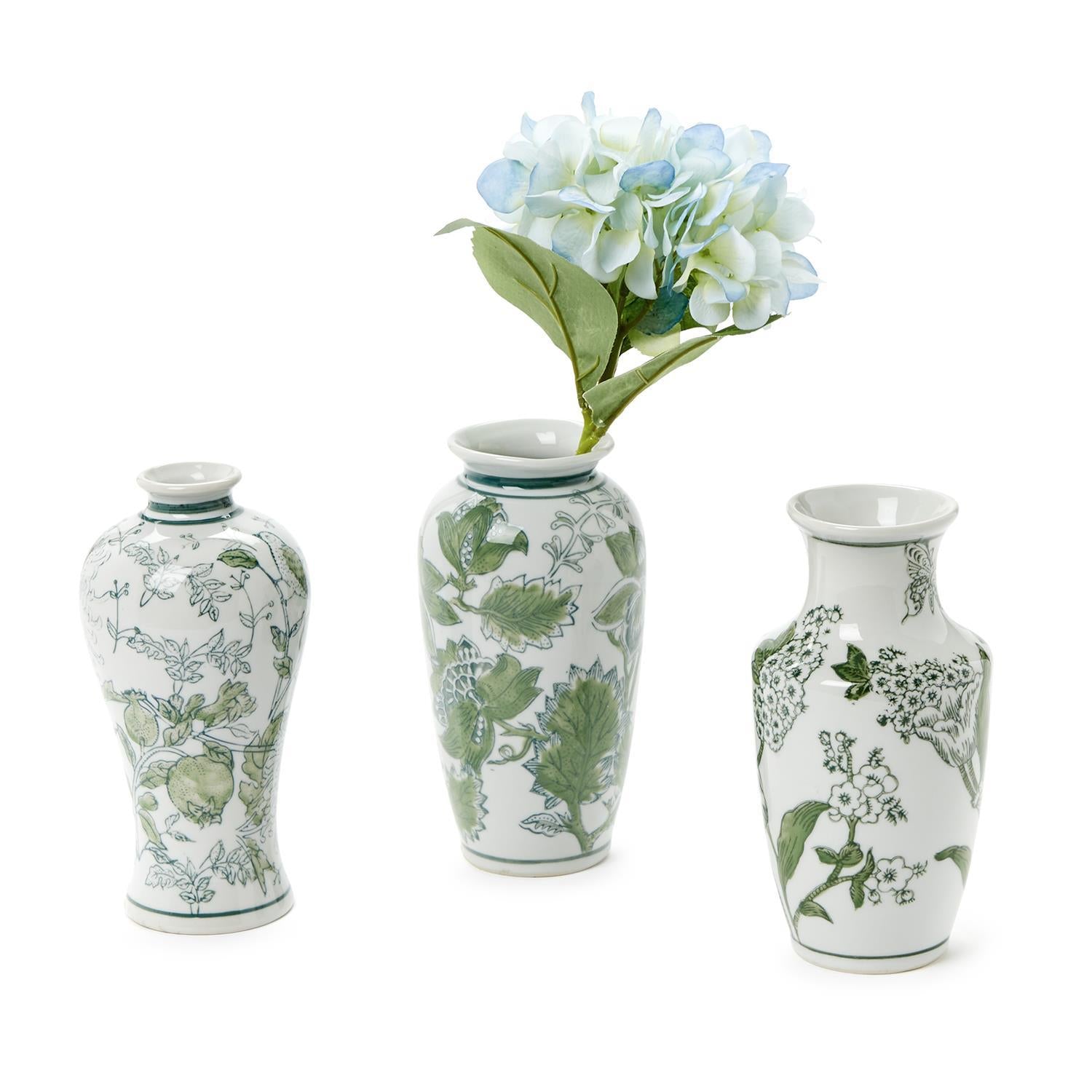 Two's Company | Primrose and Lotus Hand-Painted Green and White Chinoiserie Vases