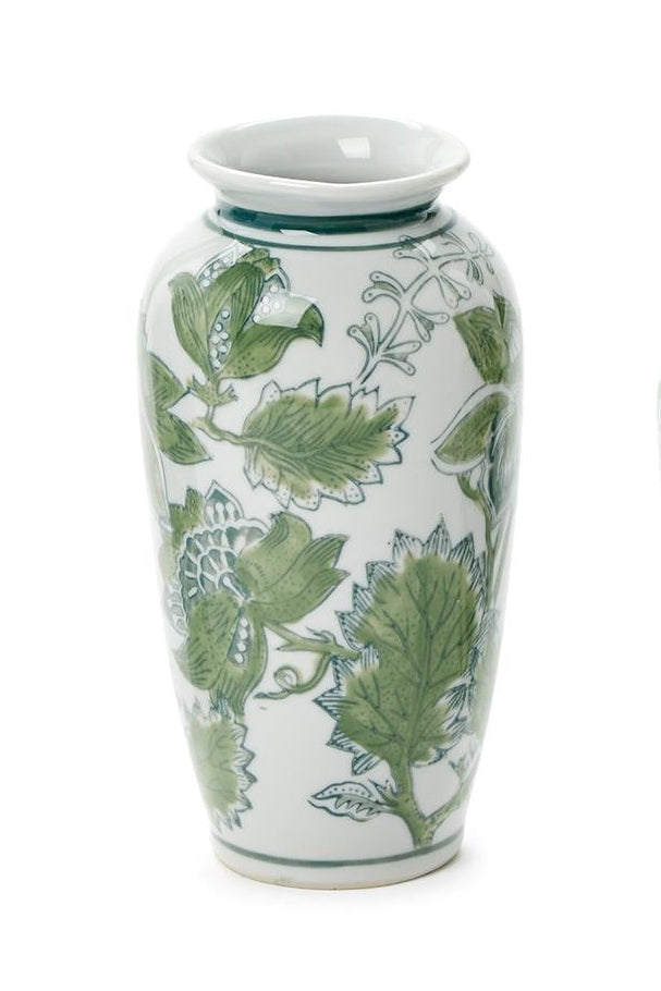 Two's Company | Primrose and Lotus Hand-Painted Green and White Chinoiserie Vases
