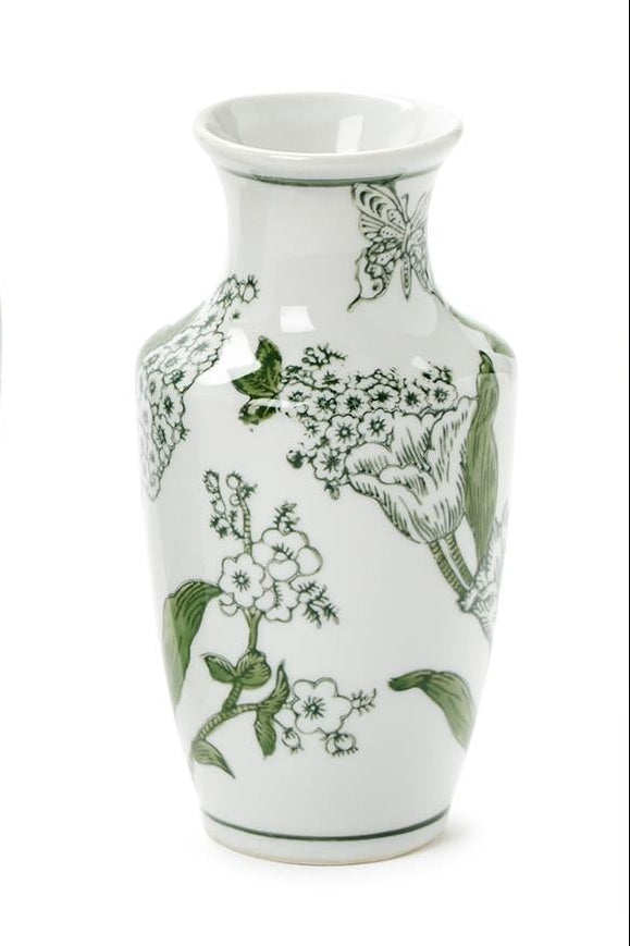 Two's Company | Primrose and Lotus Hand-Painted Green and White Chinoiserie Vases