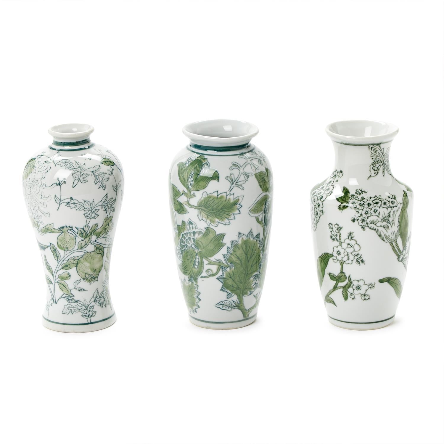 Two's Company | Primrose and Lotus Hand-Painted Green and White Chinoiserie Vases