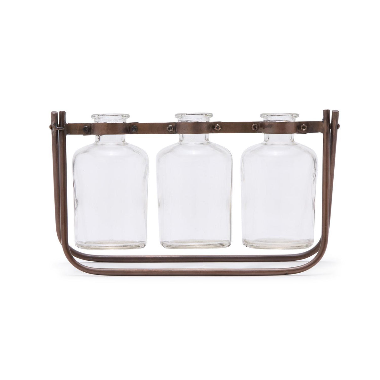 Hinged Flower Arranger with 3 Glass Bottle Vases on Metal Stand