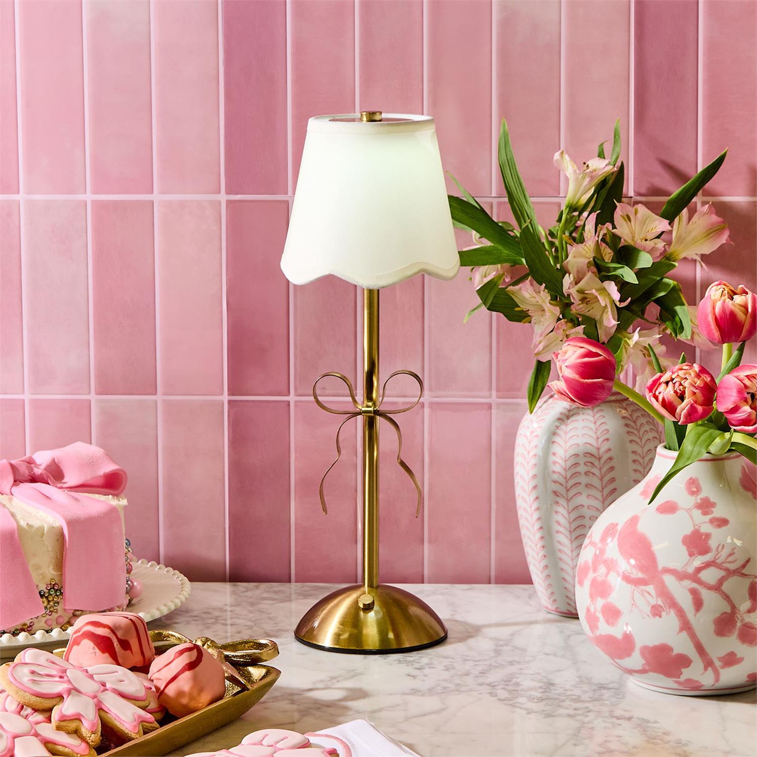 Two's Company | LED Portable Cordless Gold Bow Table Lamp in Gift Box