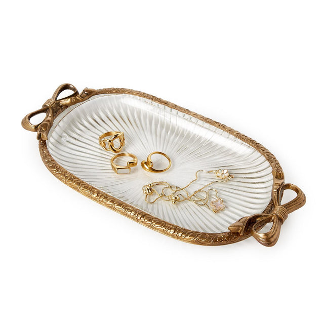 Antique Gold Glass Vanity Table / Desk Tray with Bow Accent
