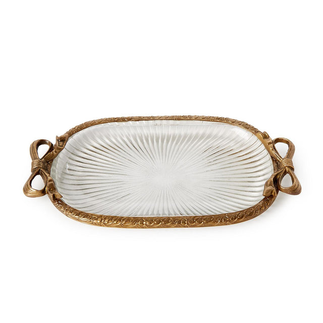 Antique Gold Glass Vanity Table / Desk Tray with Bow Accent