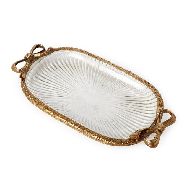 Antique Gold Glass Vanity Table / Desk Tray with Bow Accent
