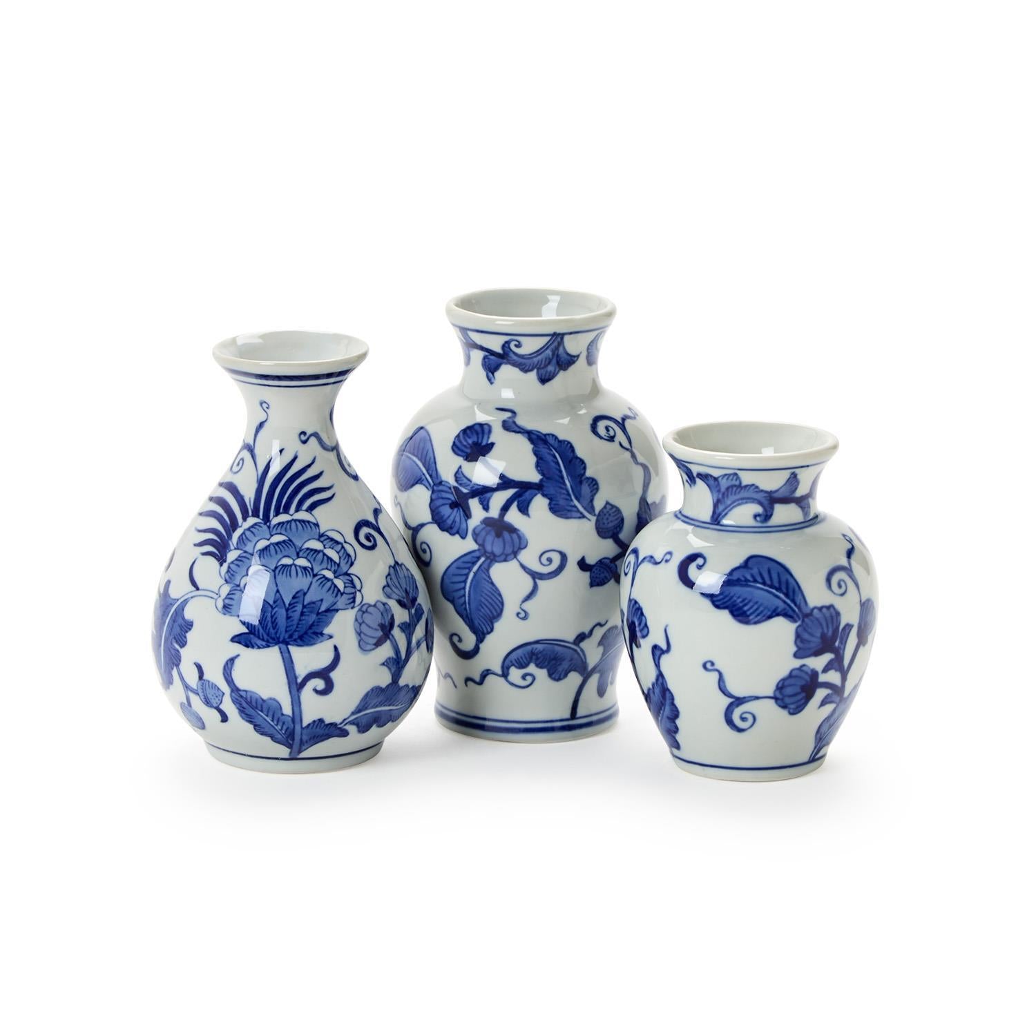 Two's Company | Blue Willow Hand-Painted Blue and White Floral Chinoiserie Vases