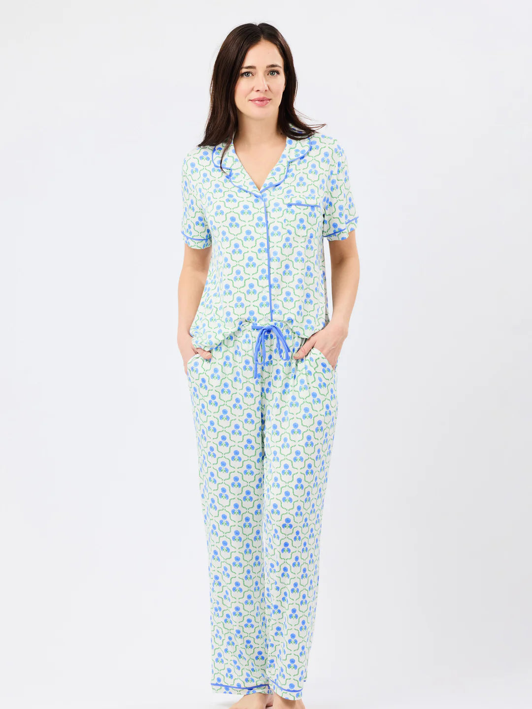 Mary Square | Charlotte Pant Sleep Set- Sweetbriar Lattice Blue