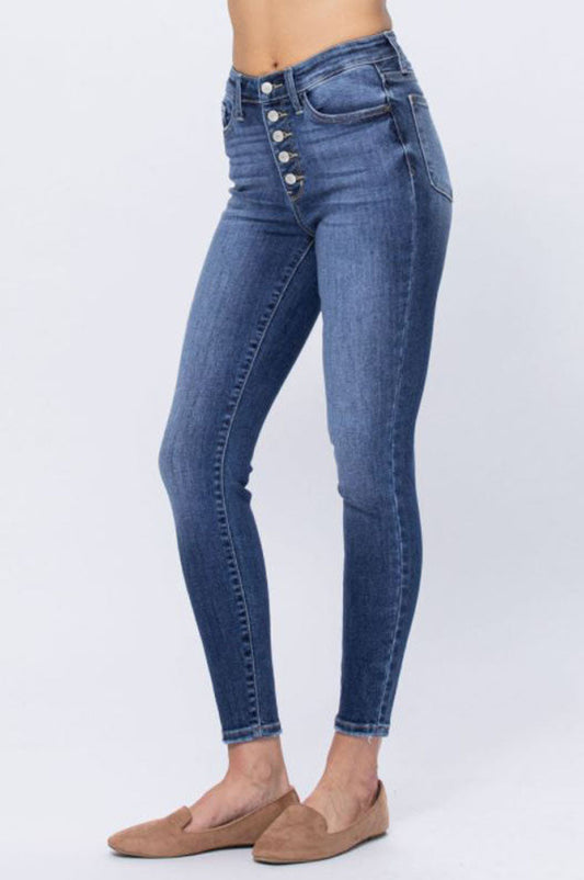 Hi Rise Button Fly Skinny Jeans