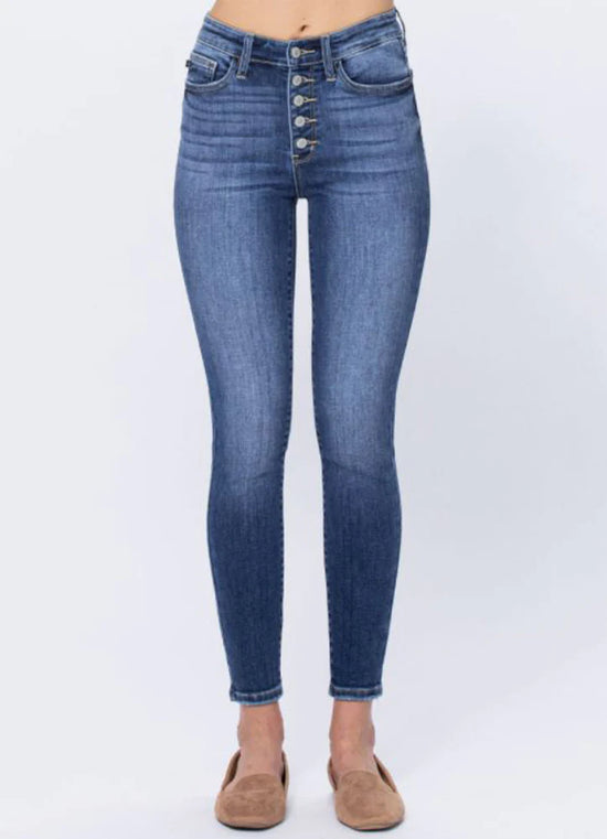 Load image into Gallery viewer, Hi Rise Button Fly Skinny Jeans
