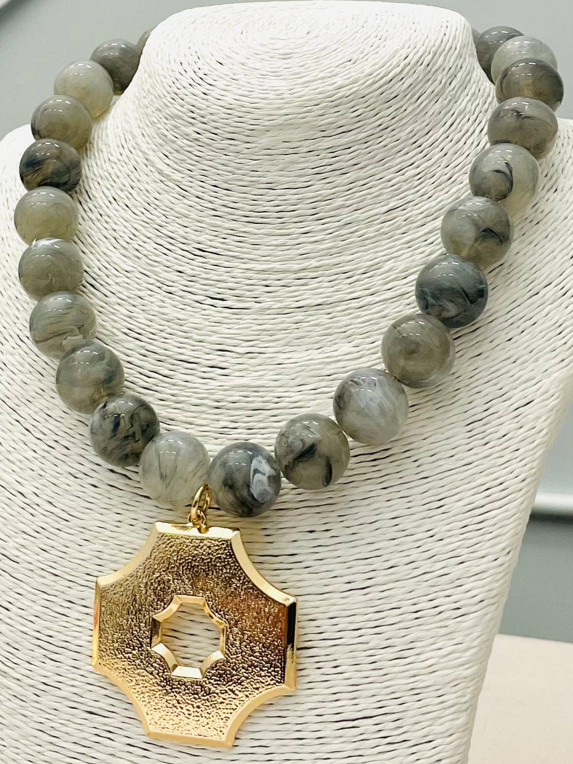 Two Forty Two | CHIC | Pendant on Beaded Necklace - Marbled Gray