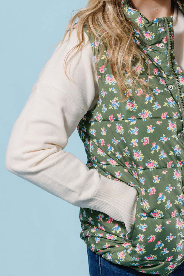 Olive Petal Puff Vest (Final Sale)