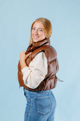 Chestnut Faux Leather Puffer Vest