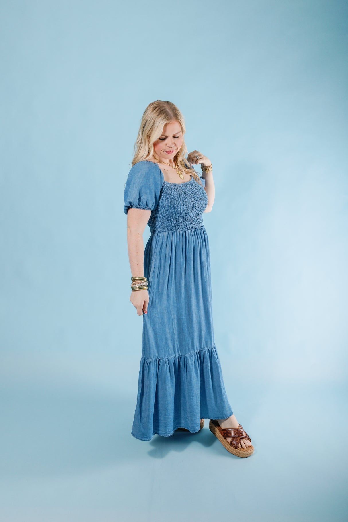 Puff & Ruffle Chambray Dress