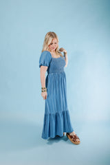 Puff & Ruffle Chambray Dress