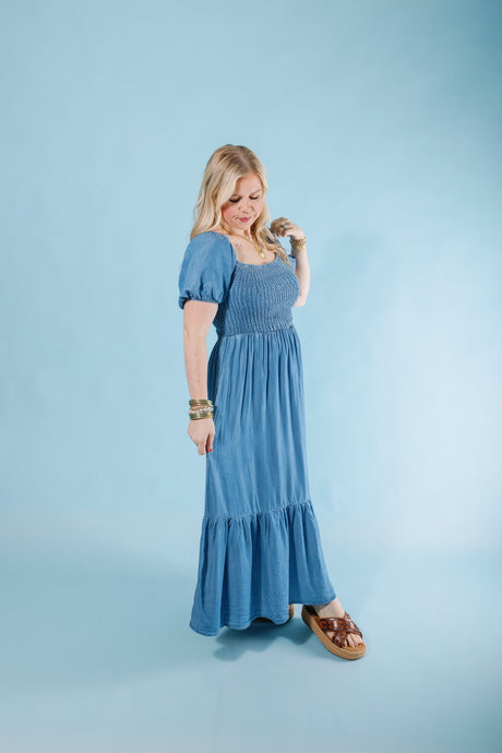 Puff & Ruffle Chambray Dress