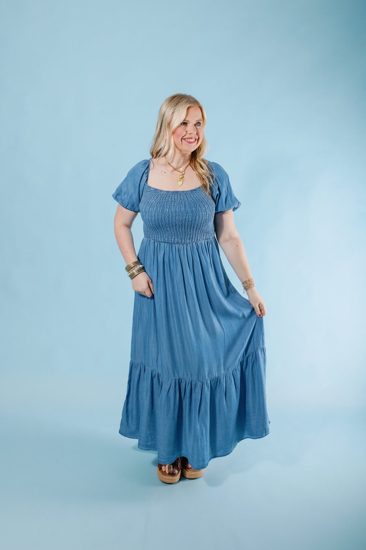 Puff & Ruffle Chambray Dress