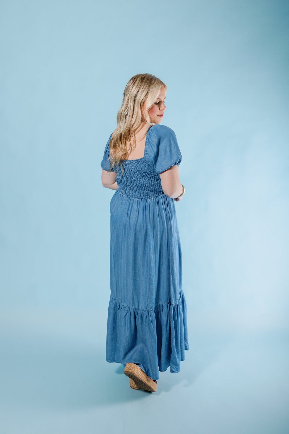 Puff & Ruffle Chambray Dress
