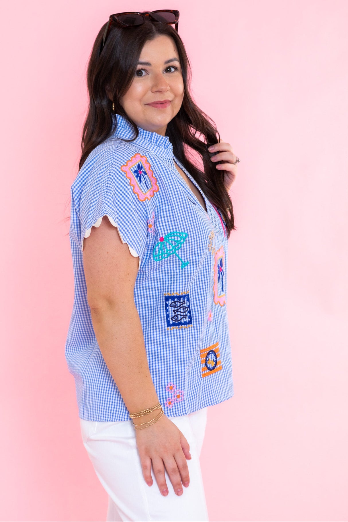 Short Sleeve Embroidery Detail Gingham Top
