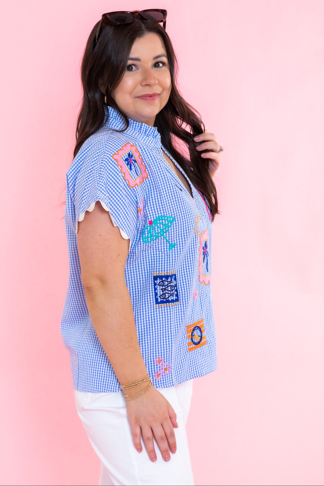 Short Sleeve Embroidery Detail Gingham Top