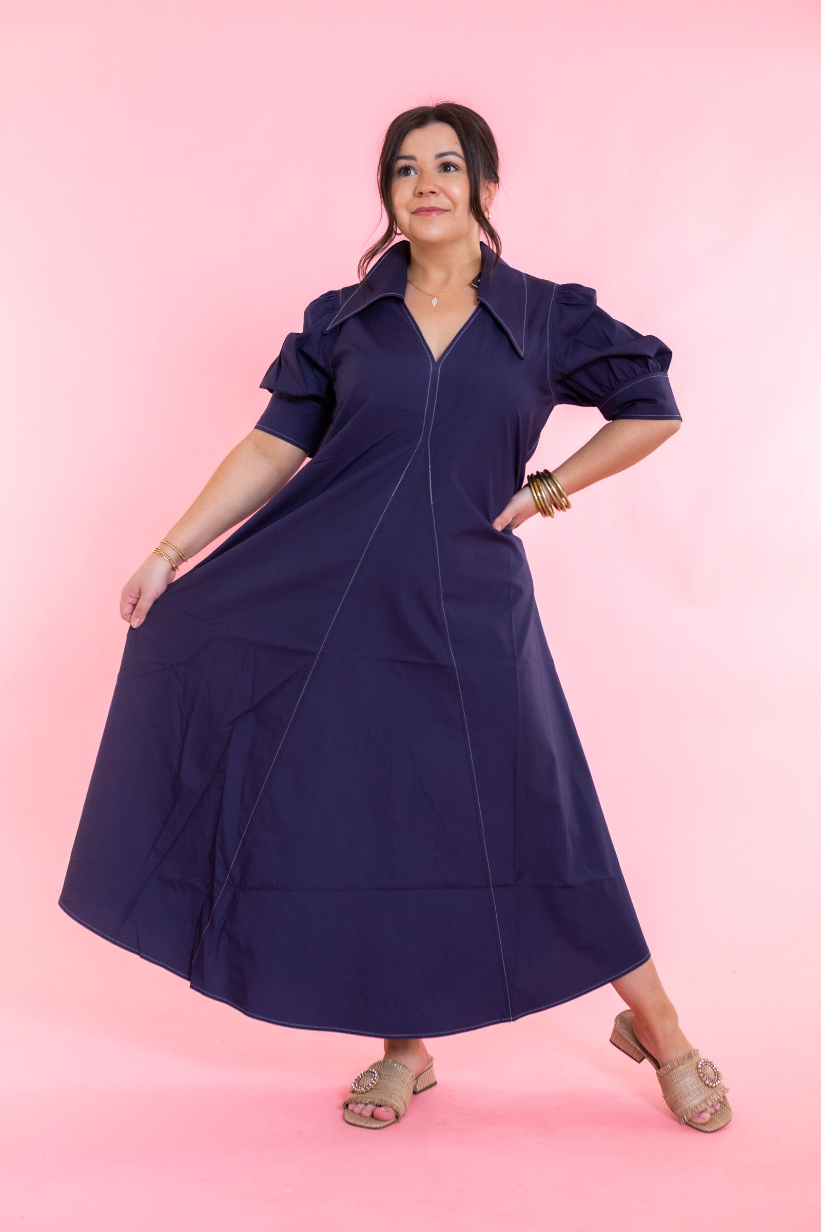 Lior | Amber Pointed Collar Navy Dress
